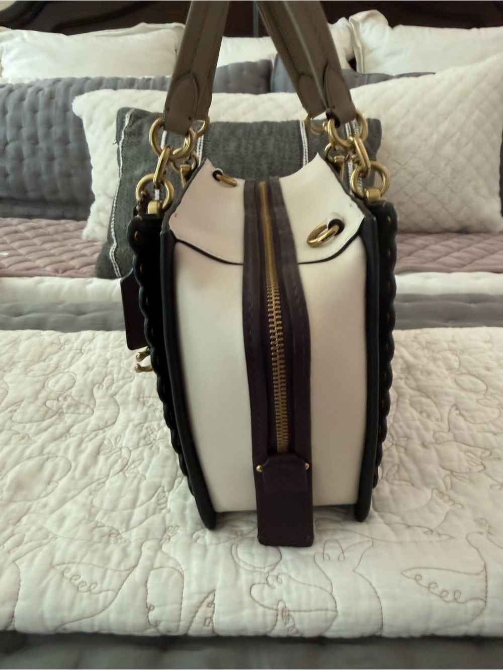 Coach Taupe and Black Leather Satchel with Gold Hardware - Picture 2 of 14